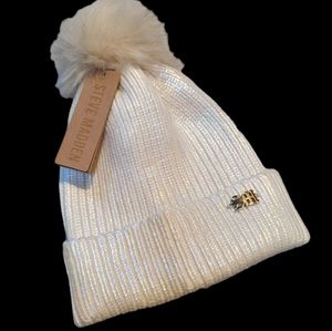 Steve Madden, ivory iridescent pom pom beanie